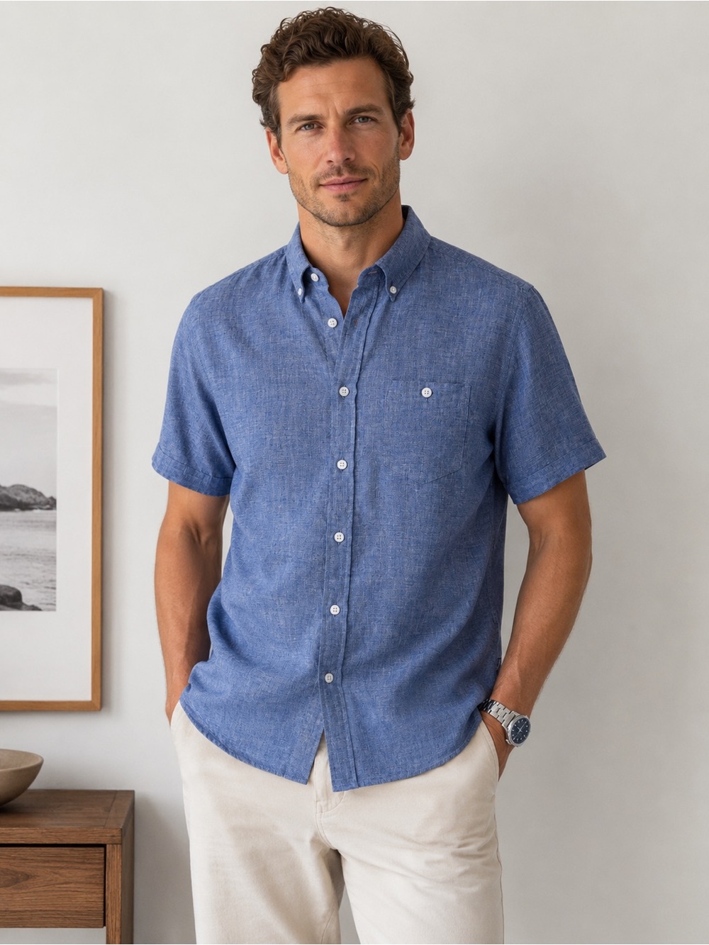 💙 Breuer Paris 100% Linen Short Sleeve Button-Down Shirt | Blue | XL